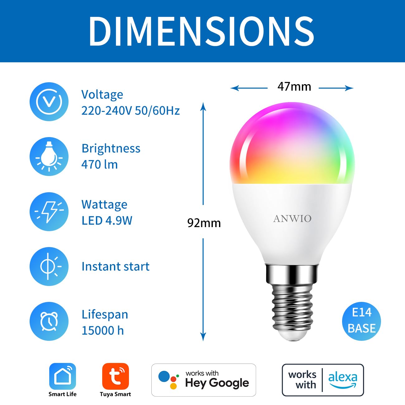 ANWIO Alexa inteligentne żarówki, E14 Wlan LED, ściemniana, 5 W, 470 lm + 2700-6500 K + RGB, 16 milionów kolorów, sterowanie za pomocą aplikacji, kompatybilne z Alexa/Google Home, Bluetooth,
