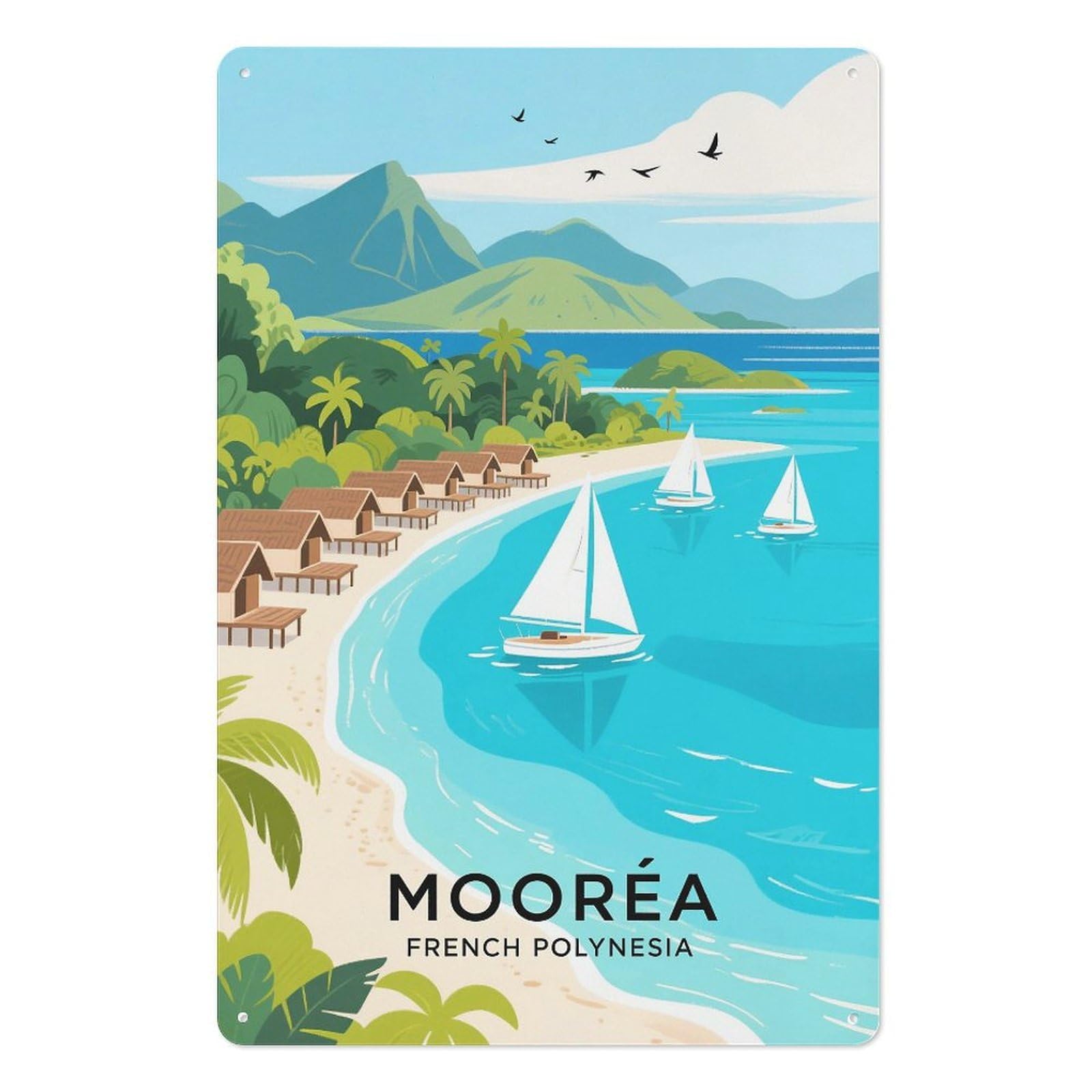 Moorea French Polynesia Retro Design Tin Painting Vintage Tin Sign 08x12inch(20x30cm) Wall Art for Home Office Bedroom Living Room Cafes Wall Decor