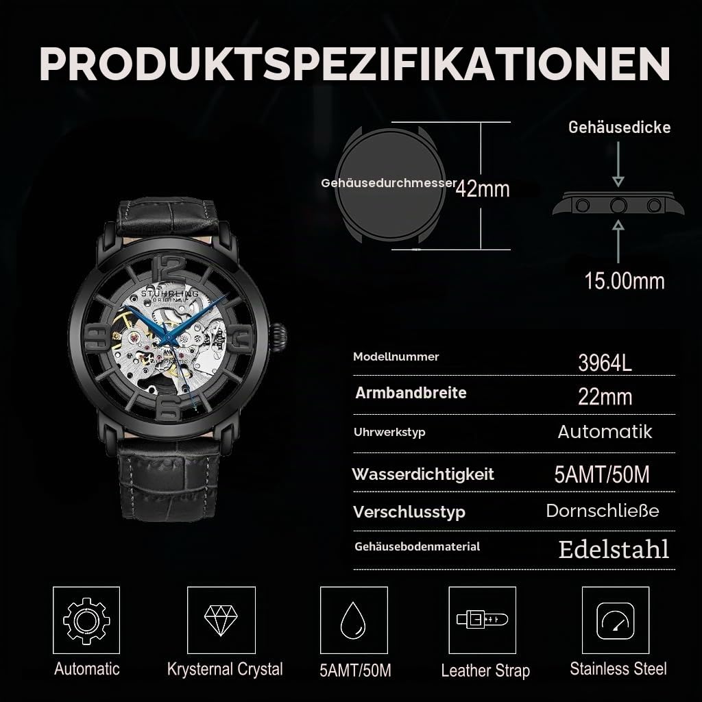 Stuhrling Original Skelett-Automatikuhr - Mechanische Winchester 44 Elite-Herrenuhr