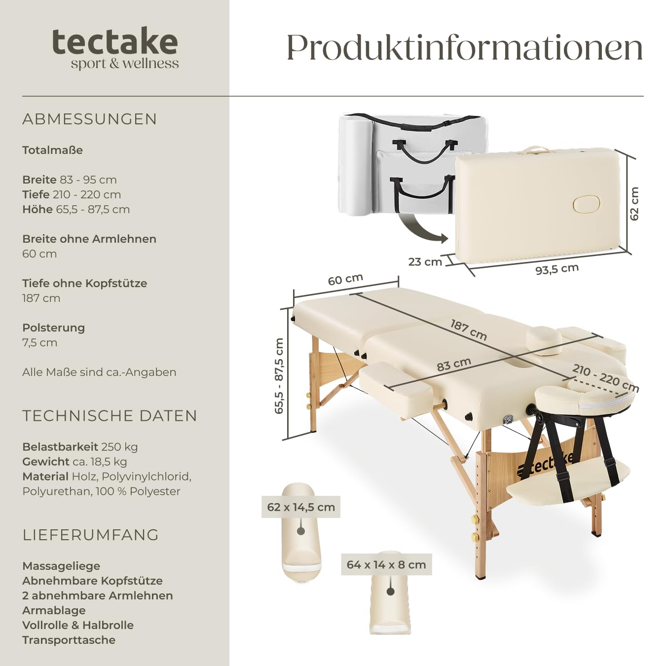 tectake® Massageliege 2 Zonen, Massageliege klappbar, Massagetisch mit 7,5cm Polsterung, Mobile Behandlungsliege, Kopf- und Armstütze, Massagebank mit Holzfüßen, 2 Rollen, Tragetasche - beige