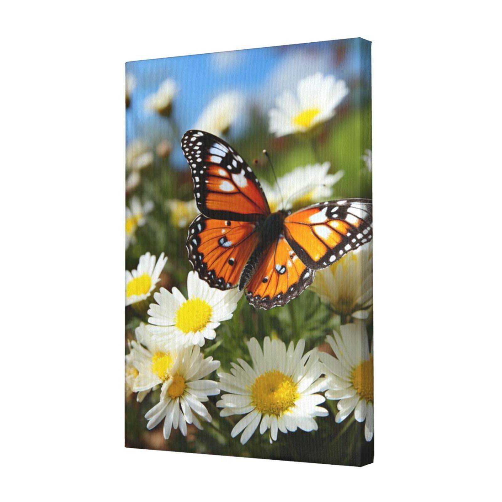 Butterfly on Daisy Flower Canvas Wall Art for Living Room Wall Decor 12"x18" Modern Artwork Painting Pictures Hanging Canvas Prints Aesthetic Wall Art for Bedroom Bathroom Office Wallart Decor