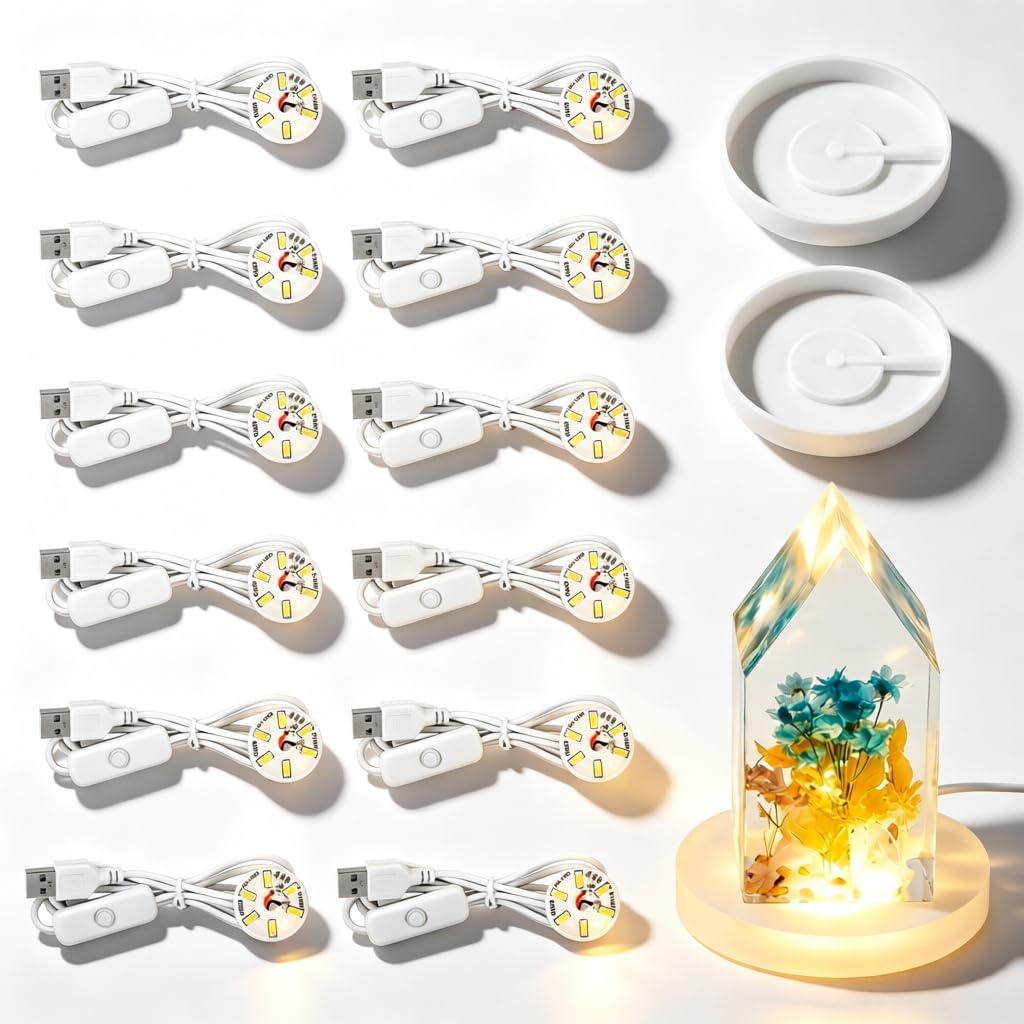 2Pcs Round Resin Light Base+12 Pcs USB Powered LED Light Kit(Warm Light)