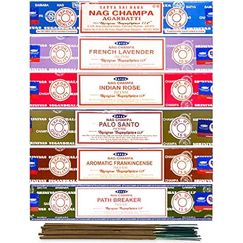 Satya Organic Incense Sticks- Gift Set of 6 Pack - Nag Champa,Indian Rose,French Lavender,Aromatic Frankincense, Palo Santo,Path Breaker, Natural Incense Sticks 15 Grams x 6 Pack, Blue Cover