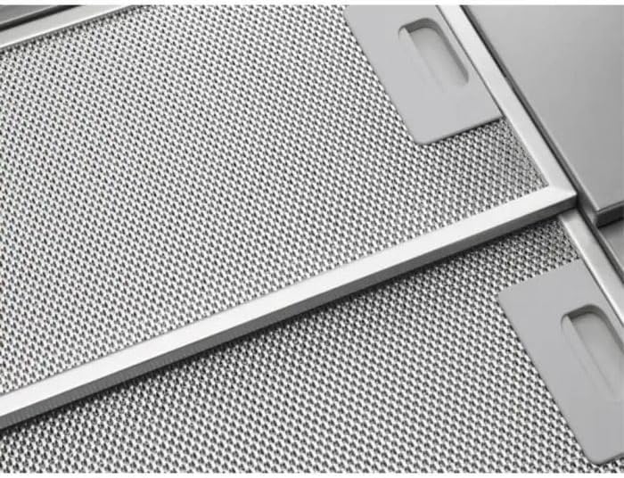 Pedyo-up view of the metallic grease filters inside the Electrolux LFP326AB hood.