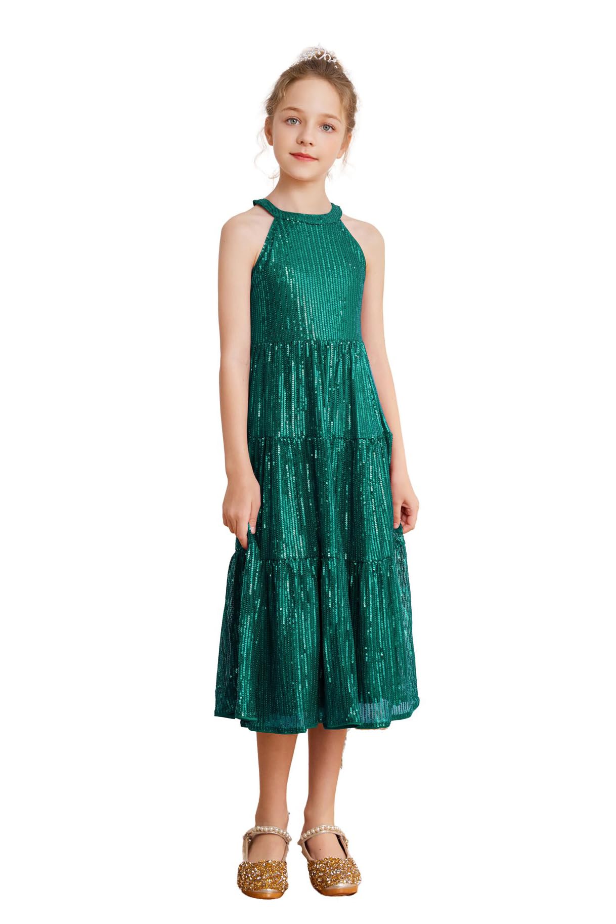 GRACE KARIN Girls Sparkly Prom Princess Sequin Dress Halterneck Maxi Party Dresses for 6-14 Years Old