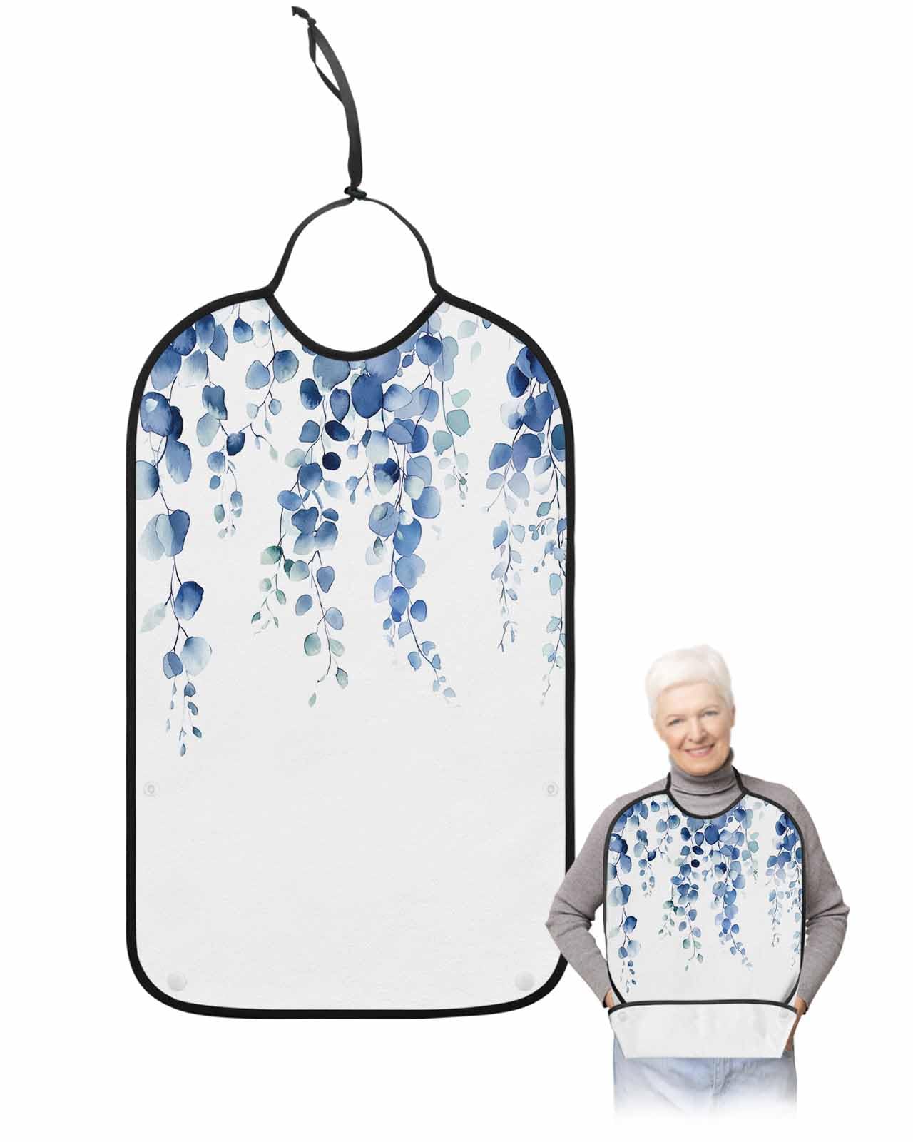 Eucalyptus Blue Adult Bib for Adults Men, Women, Leaves Vine Leaves Watercolor White Washable & Adjustable Terry Cloth Bib with Crumb Catcher Reusable Waterproof Clothing Clothes Protector Apron