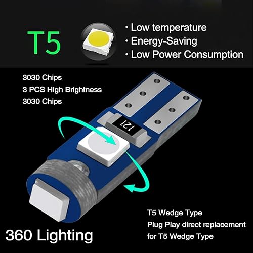 Miniatura 5 de 10 luces LED para automóvil, T5 3030 3SMD, luz indicadora de grupo de instrumentos, repuesto de bombillas de alto brillo, herramienta de iluminación