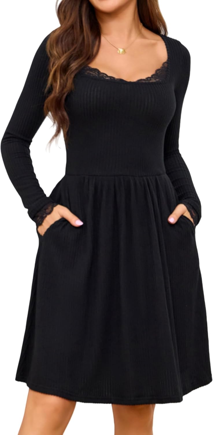 Women Long Sleeve Empire Waist Sweater Lace Trim Short Dresses with Pockets