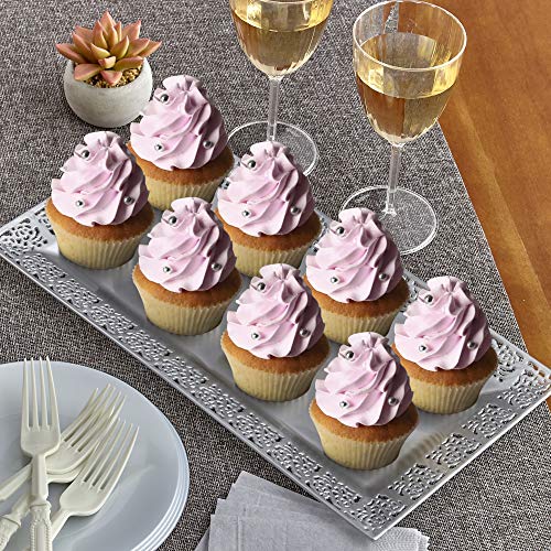 Elegant Lace Plastic Serving Trays (6 Pc), Disposable Plastic Trays And Platters For Party - 14” X 7.5”, Serves Snacks, Charcuterie, Desserts, Sweets, Perfect For Upscale Wedding, And Dining - Silver #TOP1