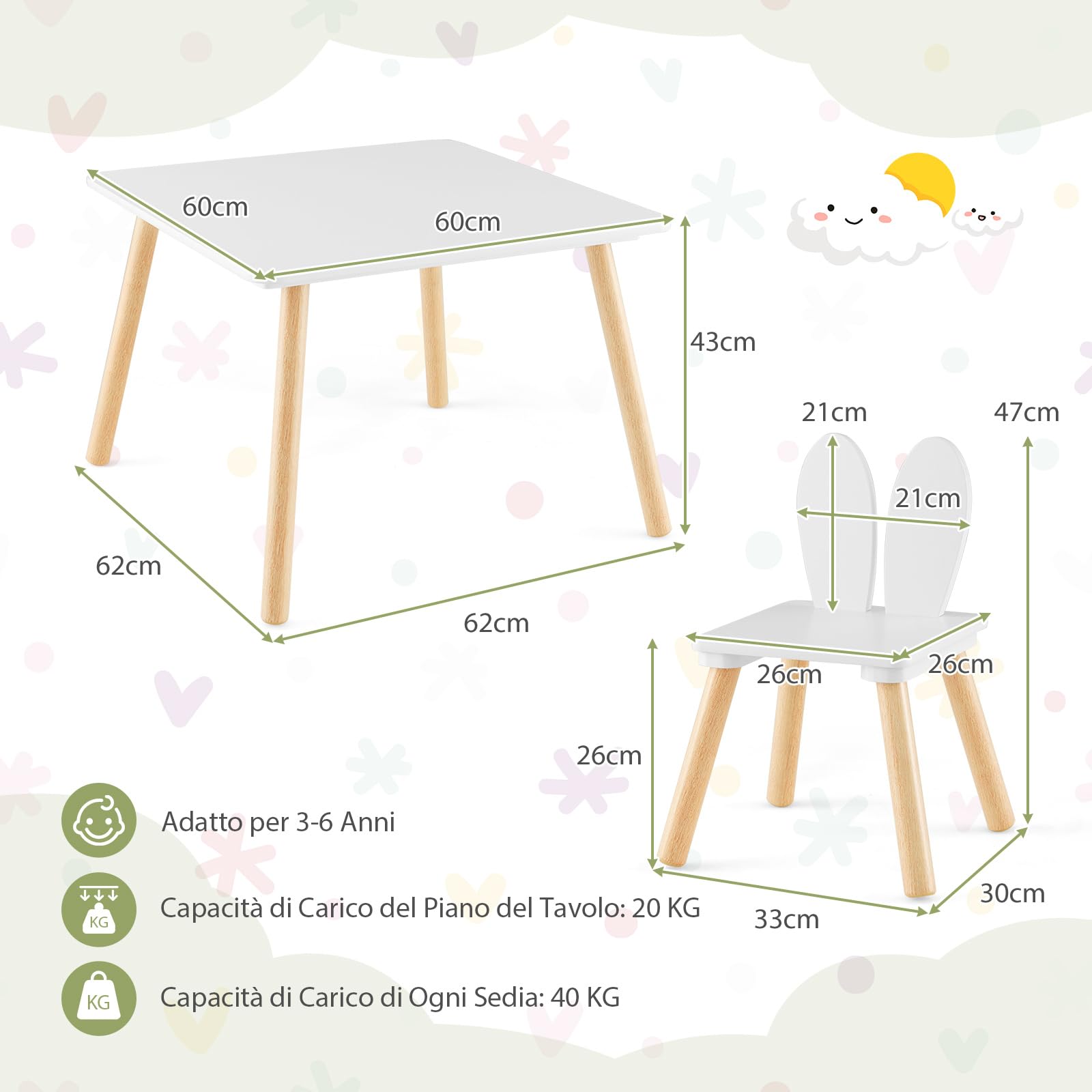 COSTWAY Set Tavolo e 2 Sedie per Bambini 3-6 Anni, Sedie Ergonomiche in Legno con Schienali a Forma di Orecchie di Coniglio, Portata 40kg, Salvaspazio, Ideale per Gioco e Disegno (Bianco)