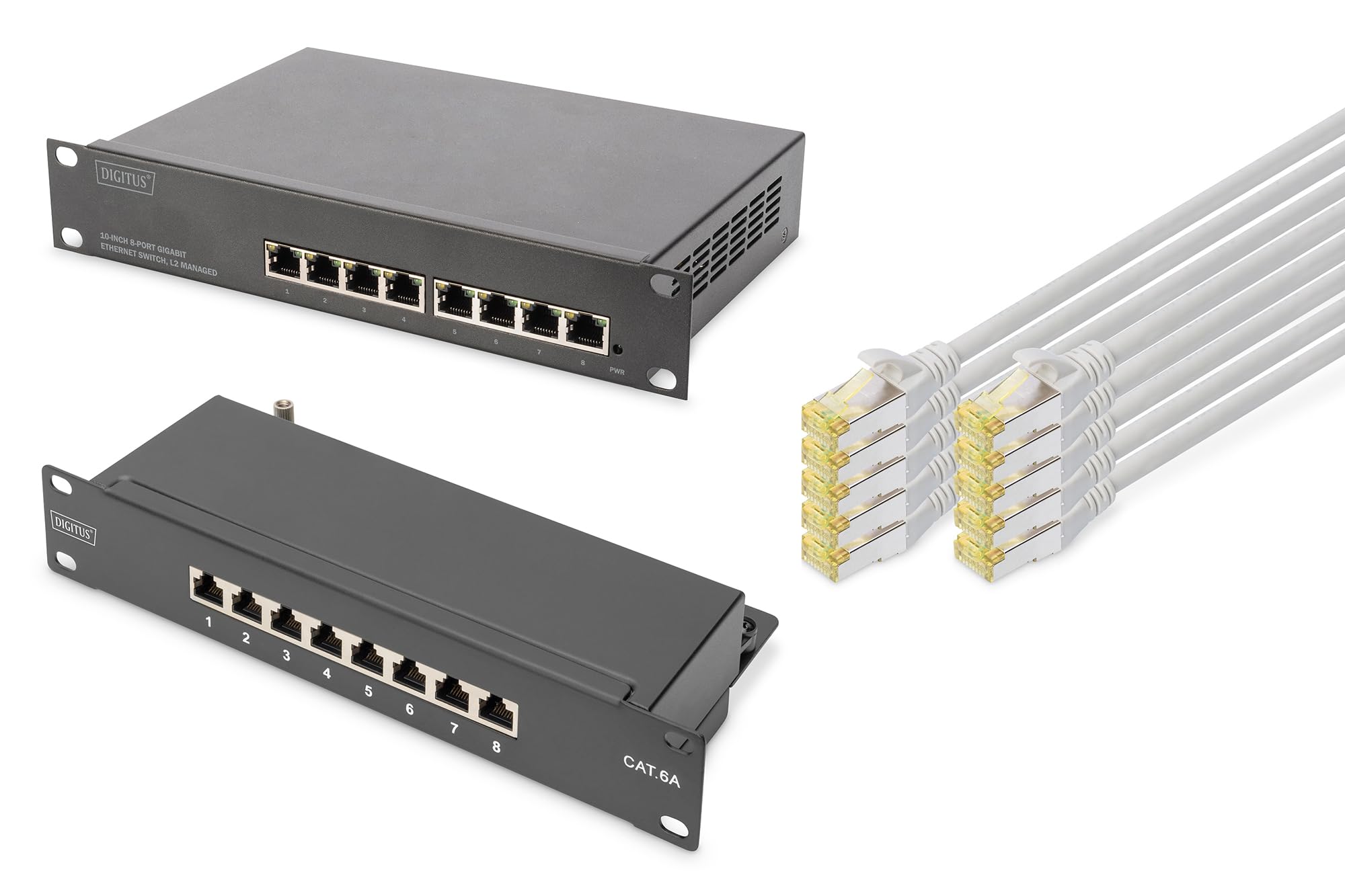 DIGITUS Set: Kit réseau 10 pouces - 1x switch Gigabit, 8 ports, administrable, switch Ethernet - 1x panneau de brassage Cat-6A , 8 ports, LSA - 10x câbles réseau Cat-6A, câble de brassage gris, 0,25 m