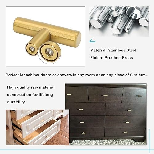Miniatura 5 de LONTAN Paquete de 10 pomos dorados para gabinetes de cocina, pomos de latón cepillado LS201GD, pomos para cajones de baño, herrajes para muebles de