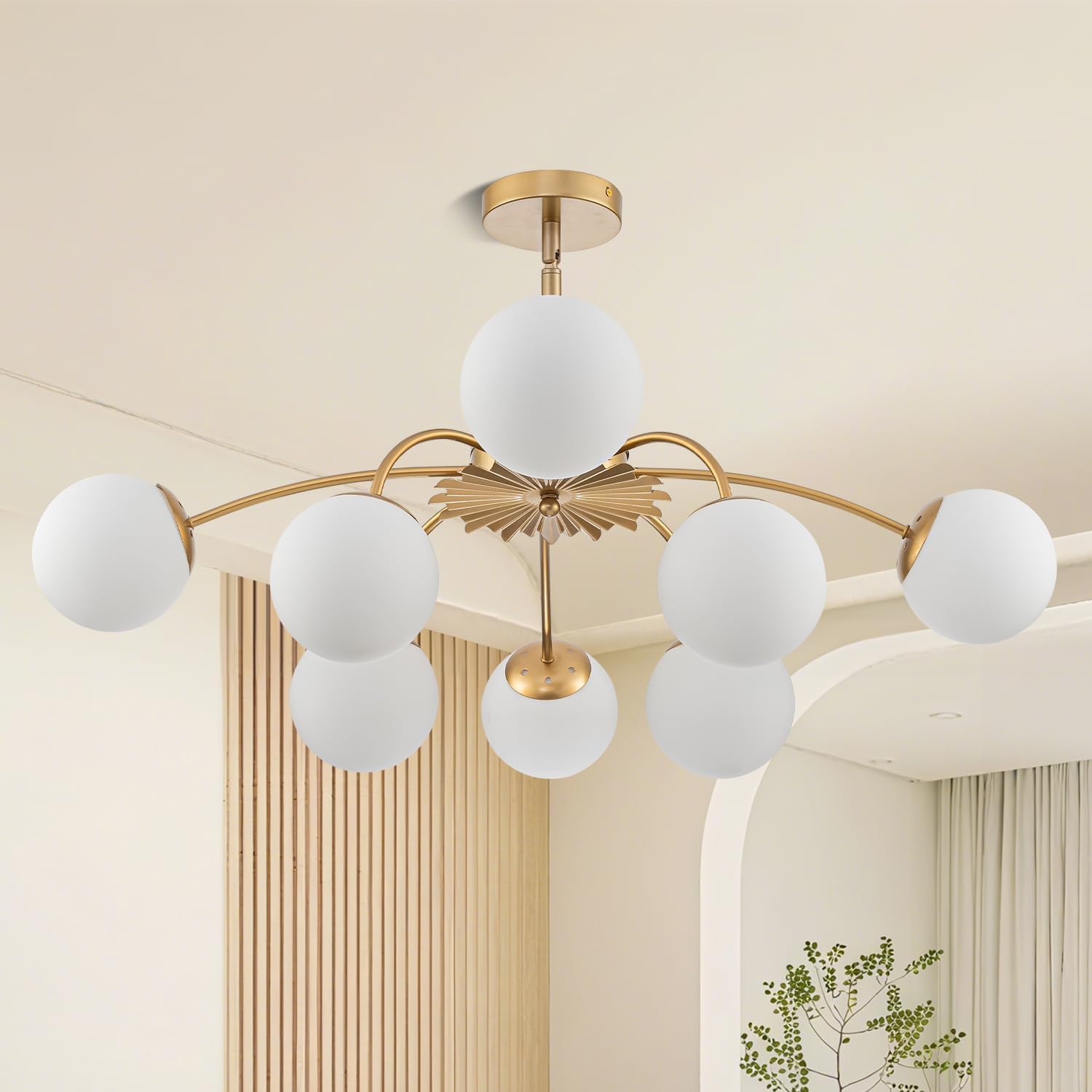 Longree 8-Light Gold and White Sputnik Chandeliers with Milk Glass Bubble Pendant Light Fixture, Blossom Accent Mid Century Sunburst Chandelier Frosted Glass Lighting for Dining Entry Living