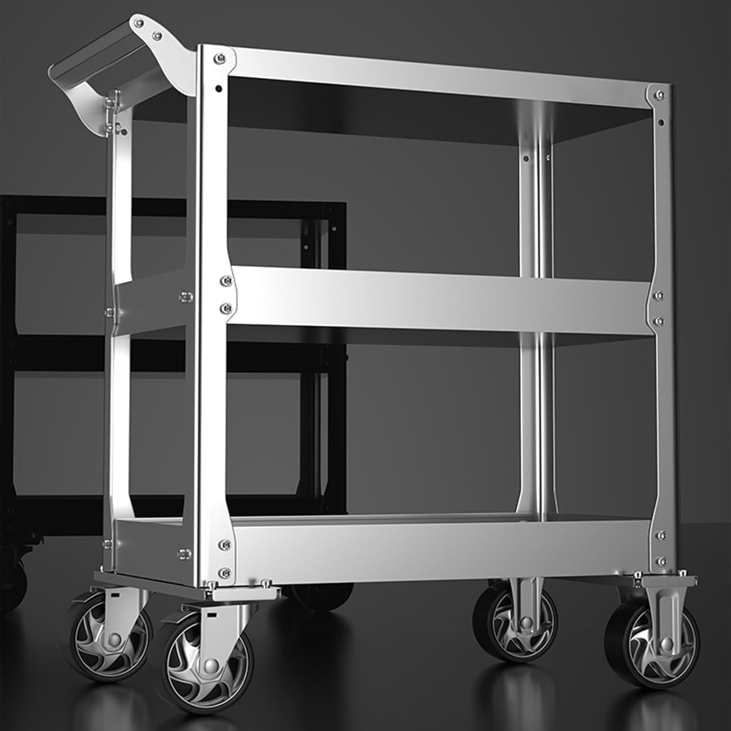 Chariot en Acier Inoxydable résistant, Chariot de Service de 3 Niveaux avec capacité de Charge de 500kg, Chariot Utilitaire Roulant avec 4 Roues et poignée Ergonomique pour la Cuisine de Garage
