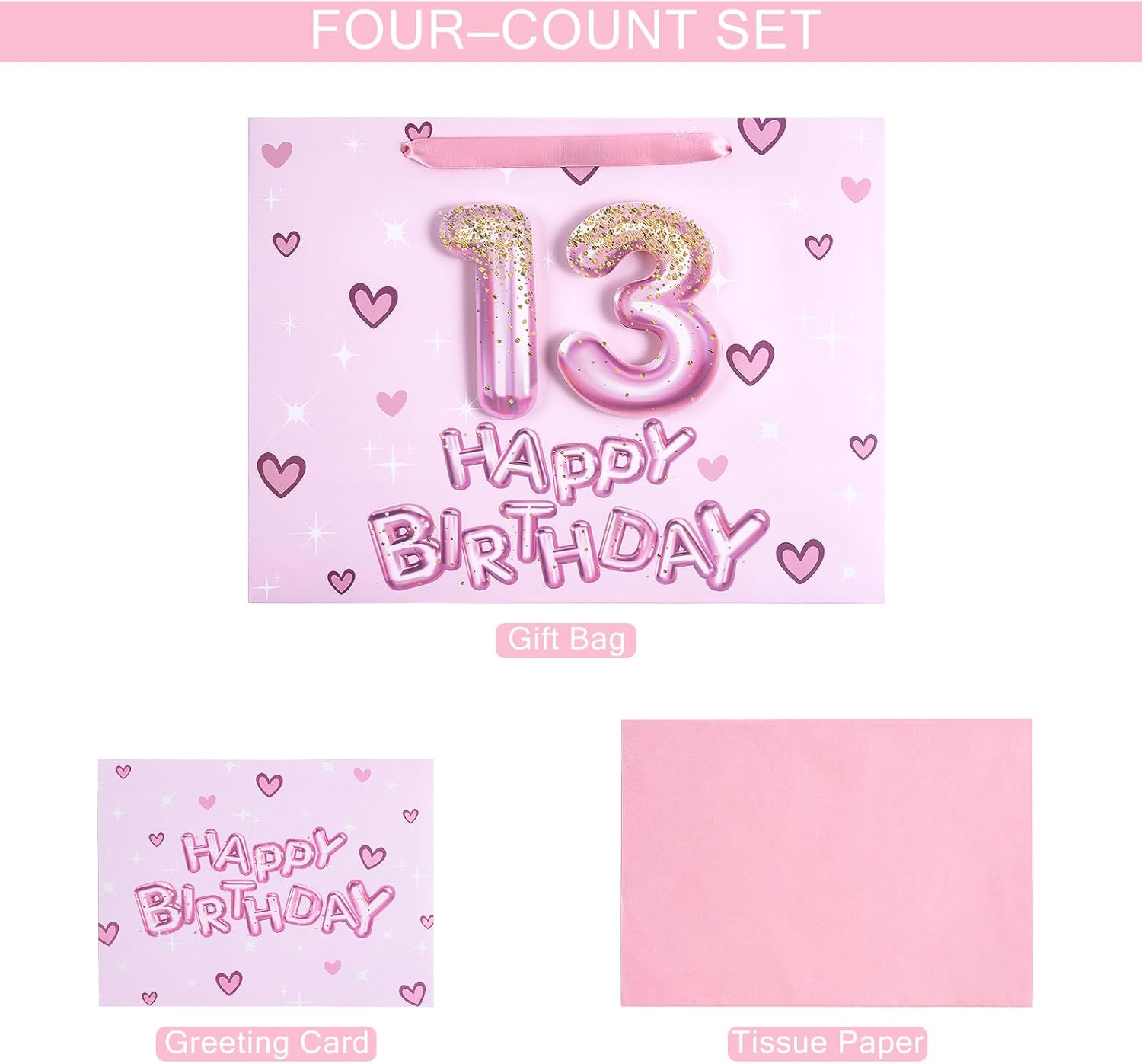 Loveinside 13th Birthday Gift Bag for Girls, Pink 3D Number 13 Balloons and Hearts Design, Medium Size Bag with Tissue Paper, Tag, Greeting Card, Ideal for Birthday Celebration, 10" x 5" x 13", 1 Pcs - Image 6
