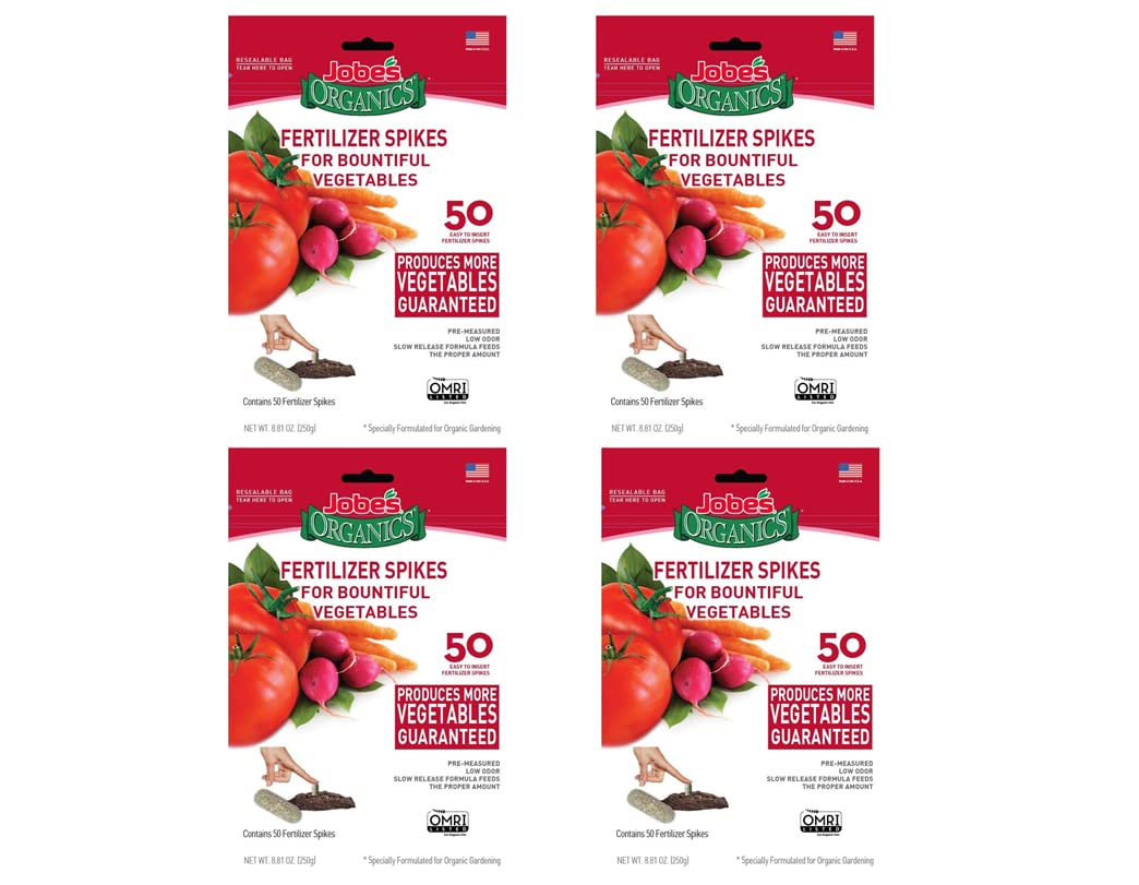 Jobe’s Organics Vegetable & Tomato Fertilizer Spikes, 2-7-4 Time Release Fertilizer for All Vegetables, Herbs and Tomato Plants, 50 Spikes per Package (4, 1 Pack)
