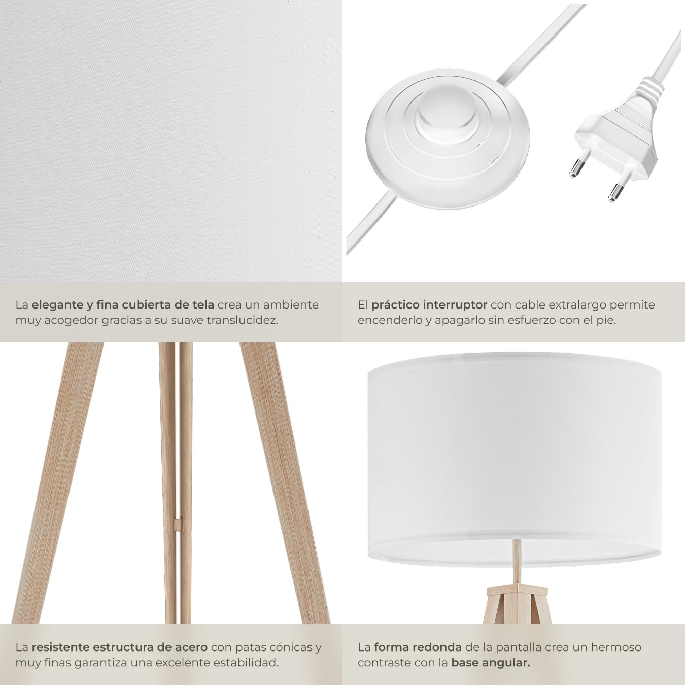 tectake® lámpara de pie, base de trípode de acero, pantalla aspecto de lino, lampara lectura, diseño moderno, lampara suelo, interruptor de pie, lampara pie salon, lampara de pie - Roble