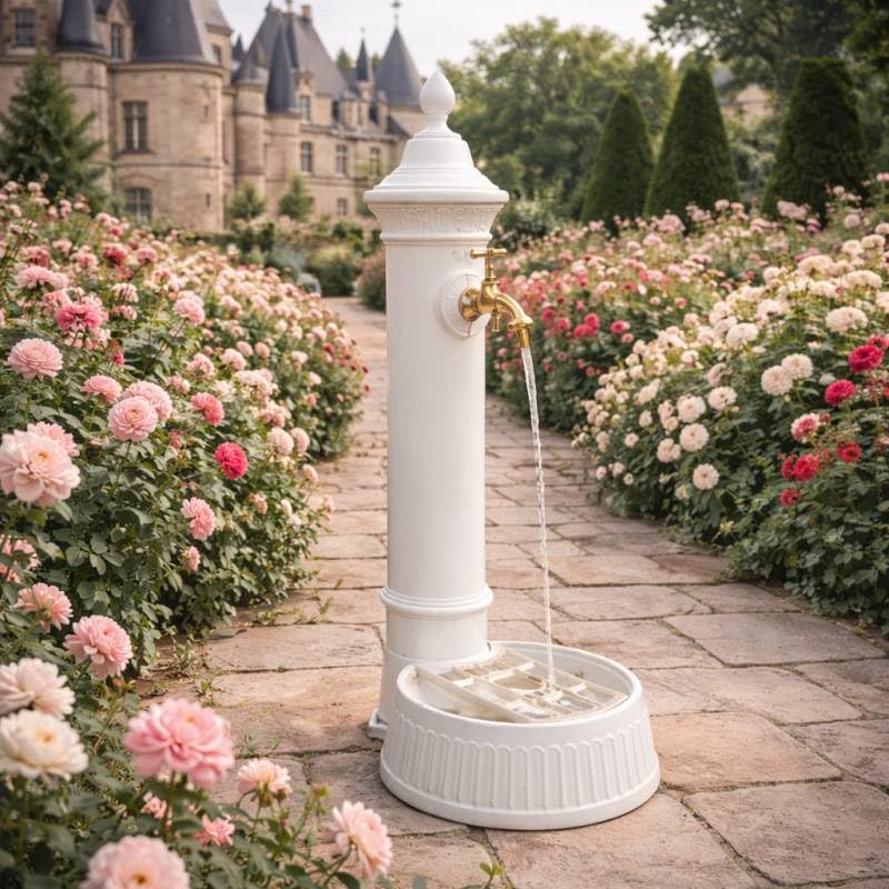 Fontaine de Jardin à Poser Source en Fonte d'Aluminium Patinée Blanc avec Robinet Fonctionnel en Laiton 26x35x72cm