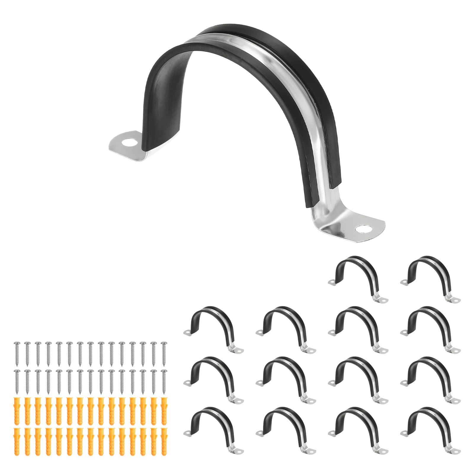 sourcing map 15 Pcs Pipe Strap Clamp, 63mm(2.48") Rubber Cable Clamp Rubber Cushioned 304 Stainless Steel U Bracket Tube Holder Support with Screws for Water Pipe HVAC Cable Management โ image 1