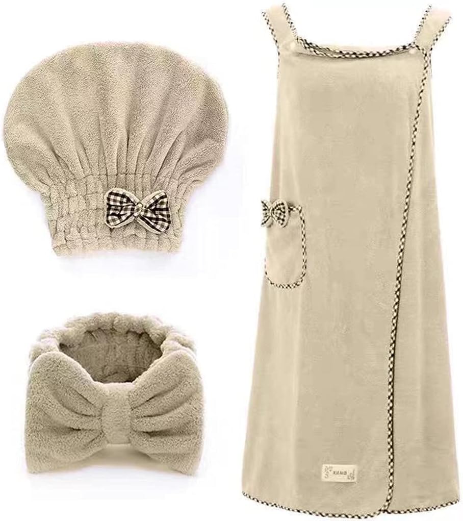 Women 4pcs Absorbent Coral Velvet Spa Bath Wrap Cover Up Set Fleece Bathrobe Shower Towel Tube Dress with Hat Headband
