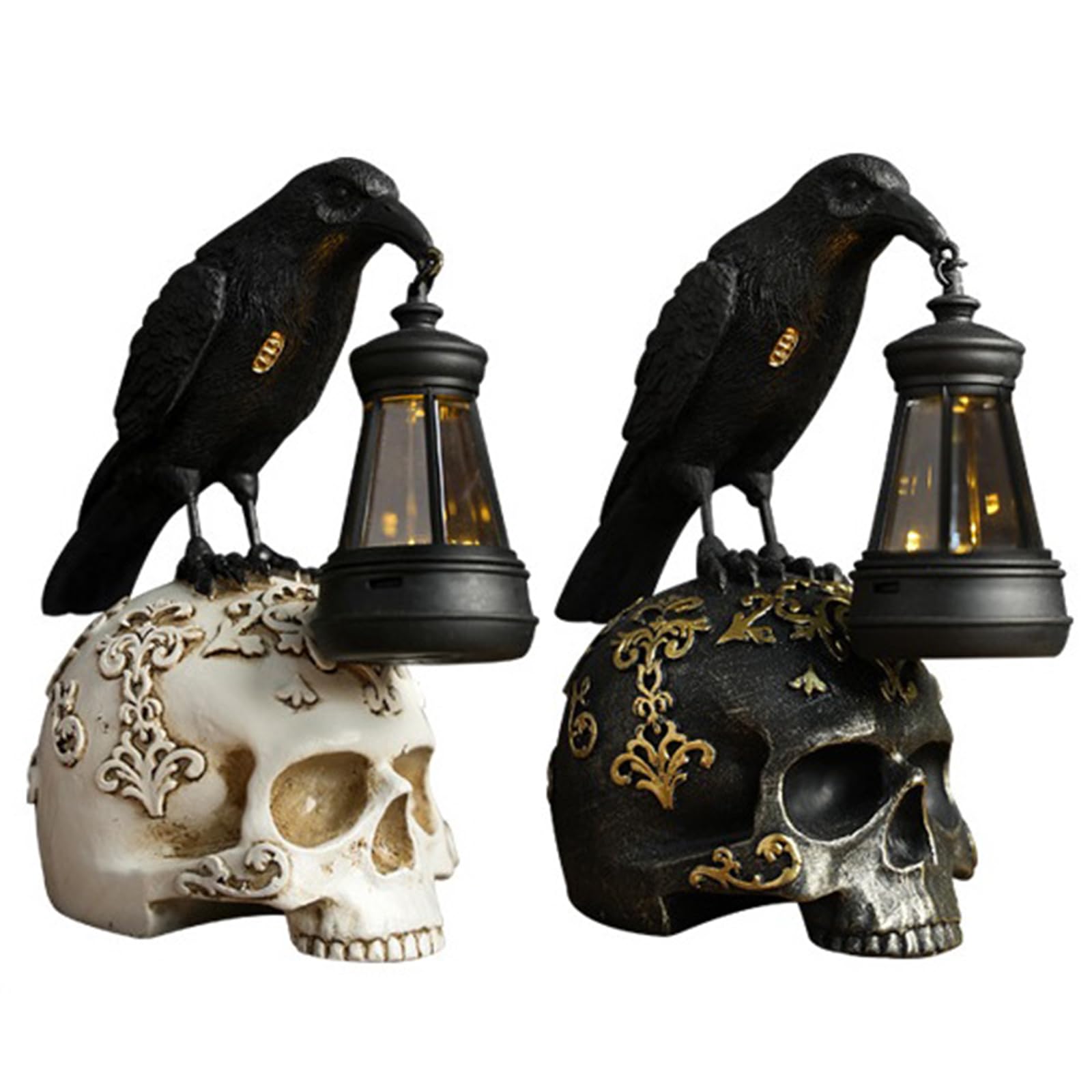 2PCS Halloween Crow Skull Lamp, Solar Powered Retro Gothic Crow Night Light