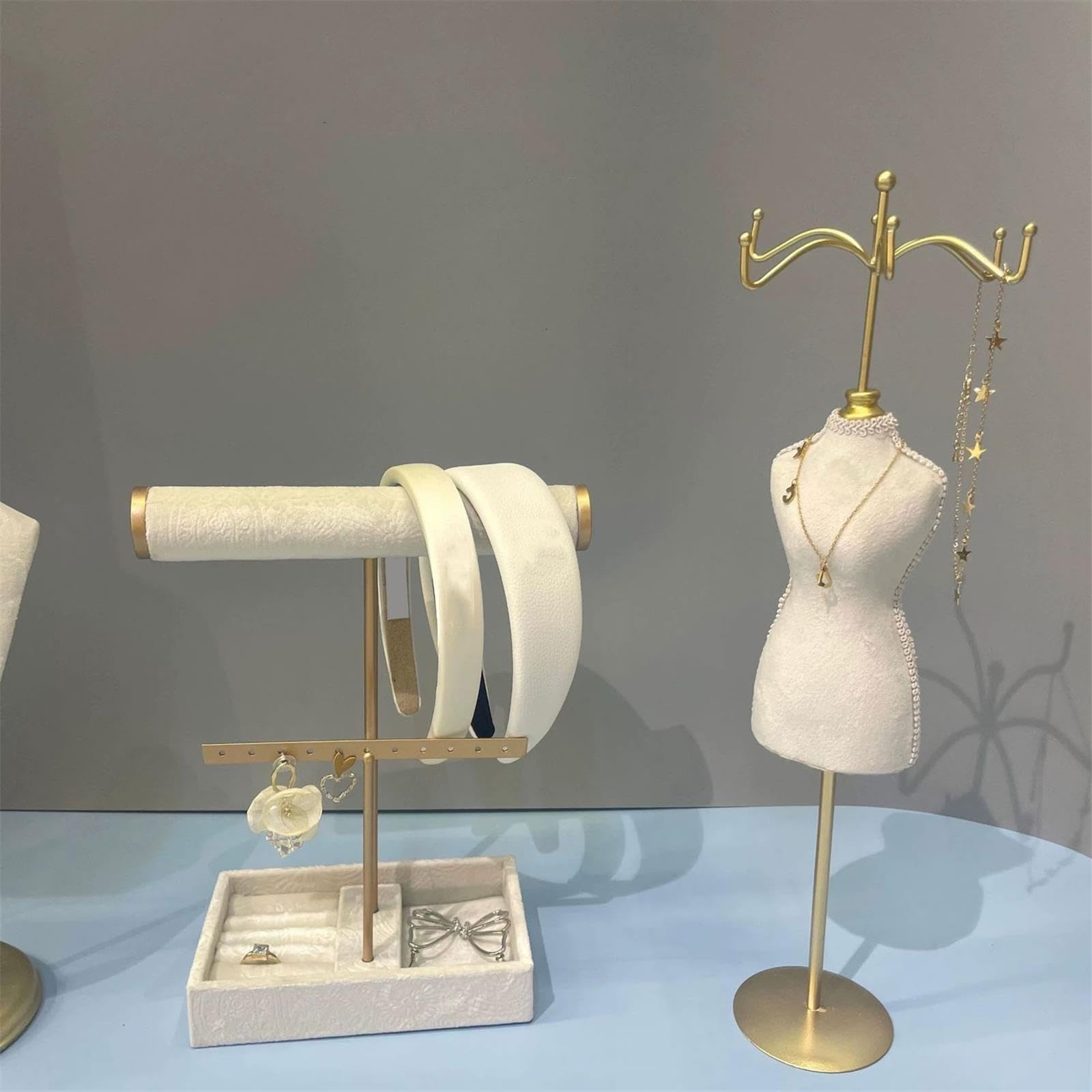 Armoires Ensemble de porte-bijoux buste mannequin en velours blanc 3 pièces