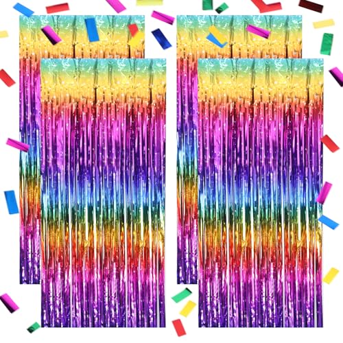 4 Stück Lametta Vorhang Bunt mit Konfetti – Glänzender Glitzer Vorhang für Party, Geburtstag, Hochzeit, Regenbogen Deko, Fasching & Karneval Deko – 1m x 2m Folienfransen Vorhang für Fotohintergrund