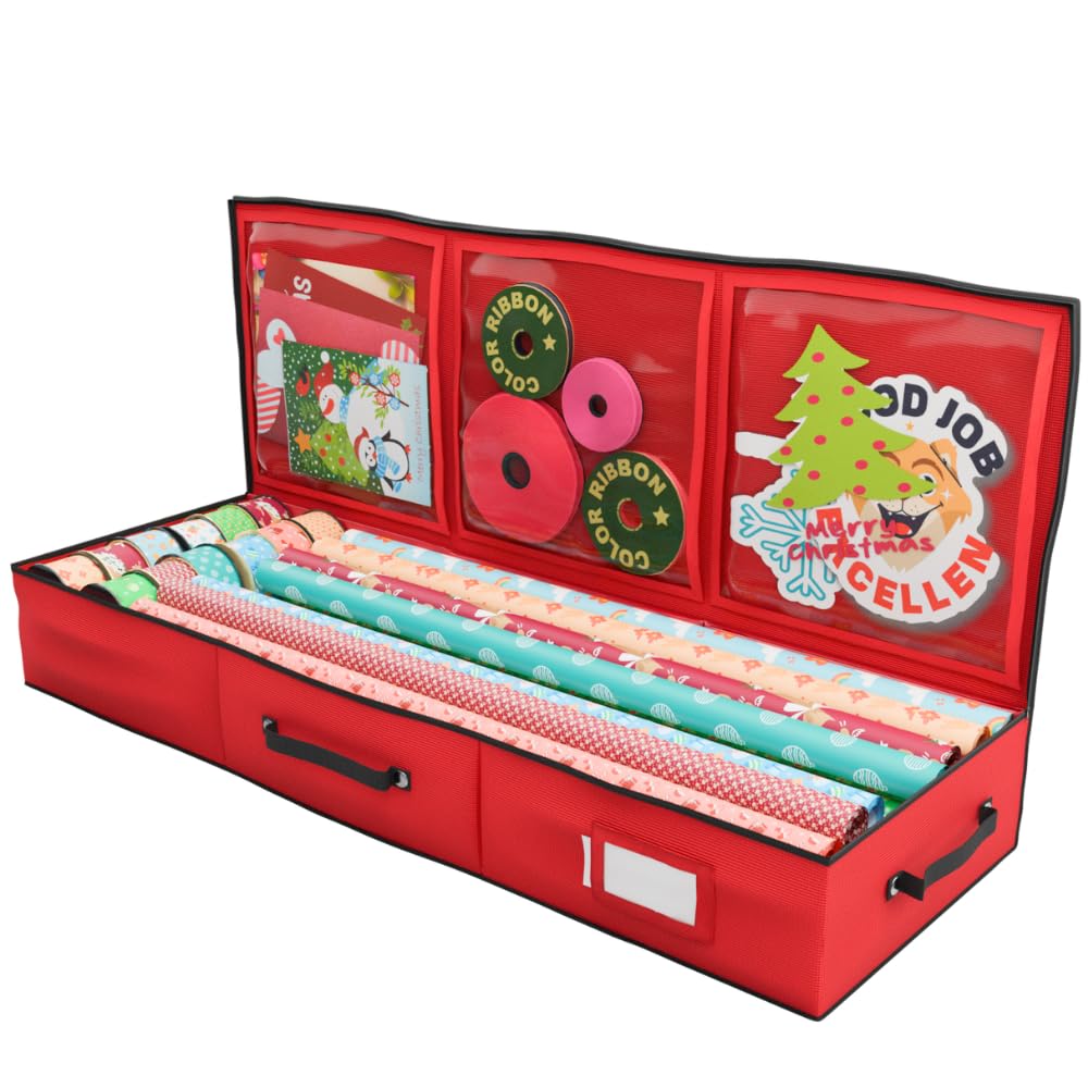 Primode Wrapping Paper Storage Container | Gift Wrap Organizer Under Bed | 41”x14”x6” | Fits 18-24 Rolls Up to 40” | 600D Oxford | Box Holder with Pockets for Ribbon, Bows and Accessories (Red)