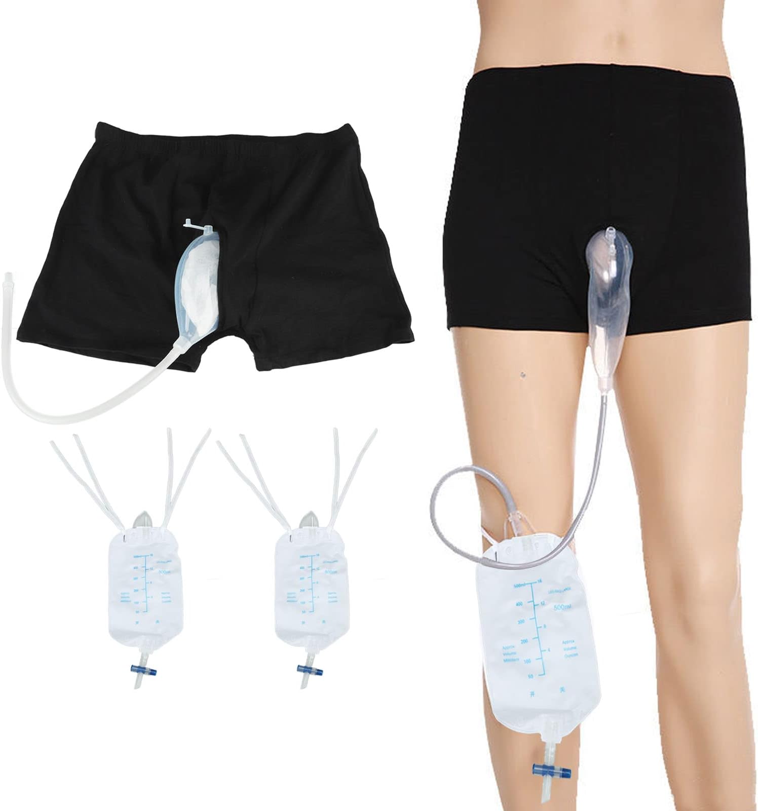 Wearable Men Urinal Bag, Elastic Waistband Reusable Portable Male Shorts Pee Bag with 2Pcs 500ml Collection Urine Bag for Incontinence Elderly(S)