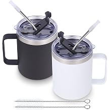 Volhoply 12oz Insulated Leakproof Coffee Mug with Flip & Straw Lid Bulk 2 Pack,Double Wall Vacuum Stainless Steel Travel Tumbler Cup with Handle,Reusable Camping Mugs Keep Cold/HotAssorted,2 Set