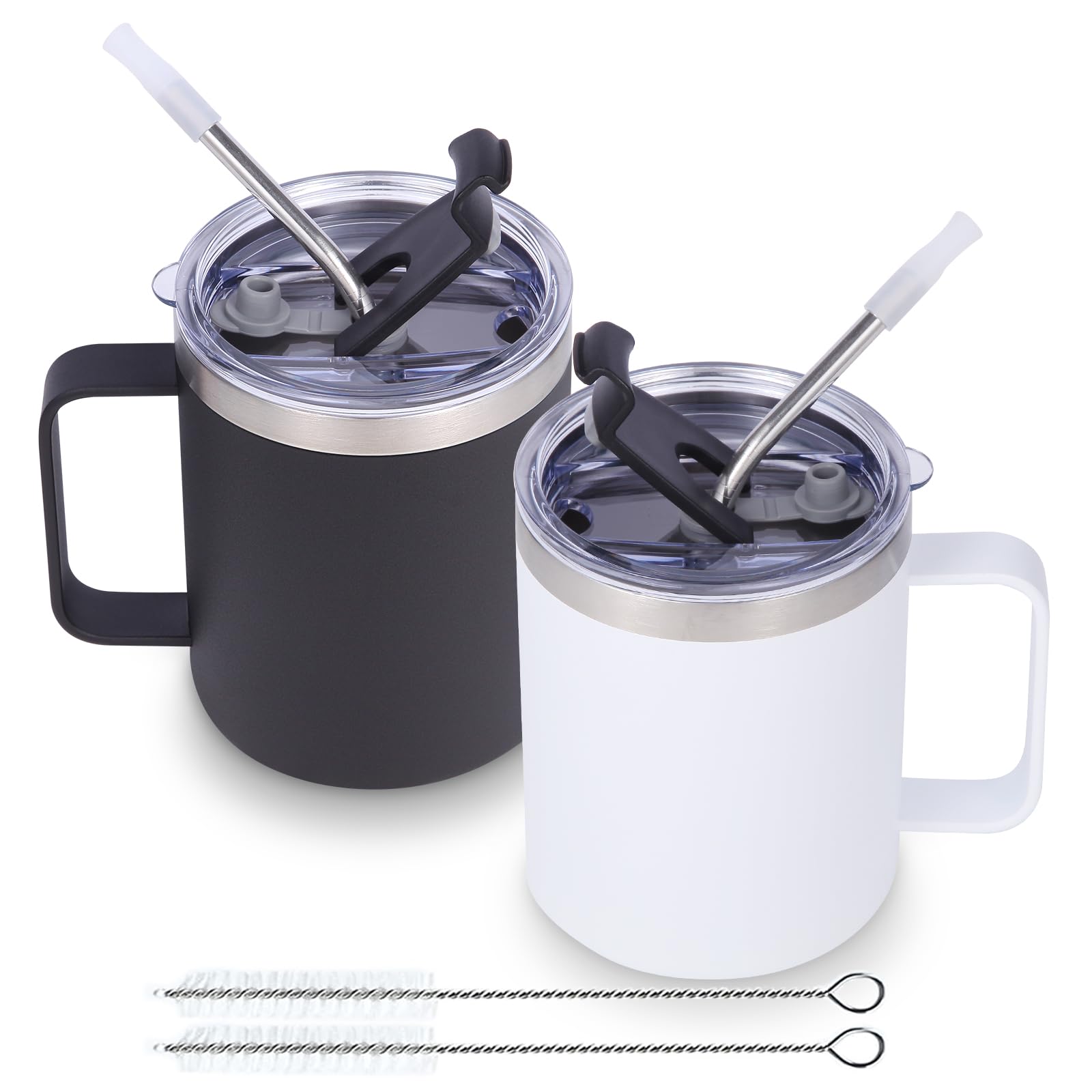 Volhoply 12oz Insulated Leakproof Coffee Mug with Sliding & Straw Lid Bulk 2 Pack,Double Wall Vacuum Stainless Steel Travel Tumbler Cup with Handle,Reusable Camping Mugs Keep Cold/Hot(Assorted,2 Set)