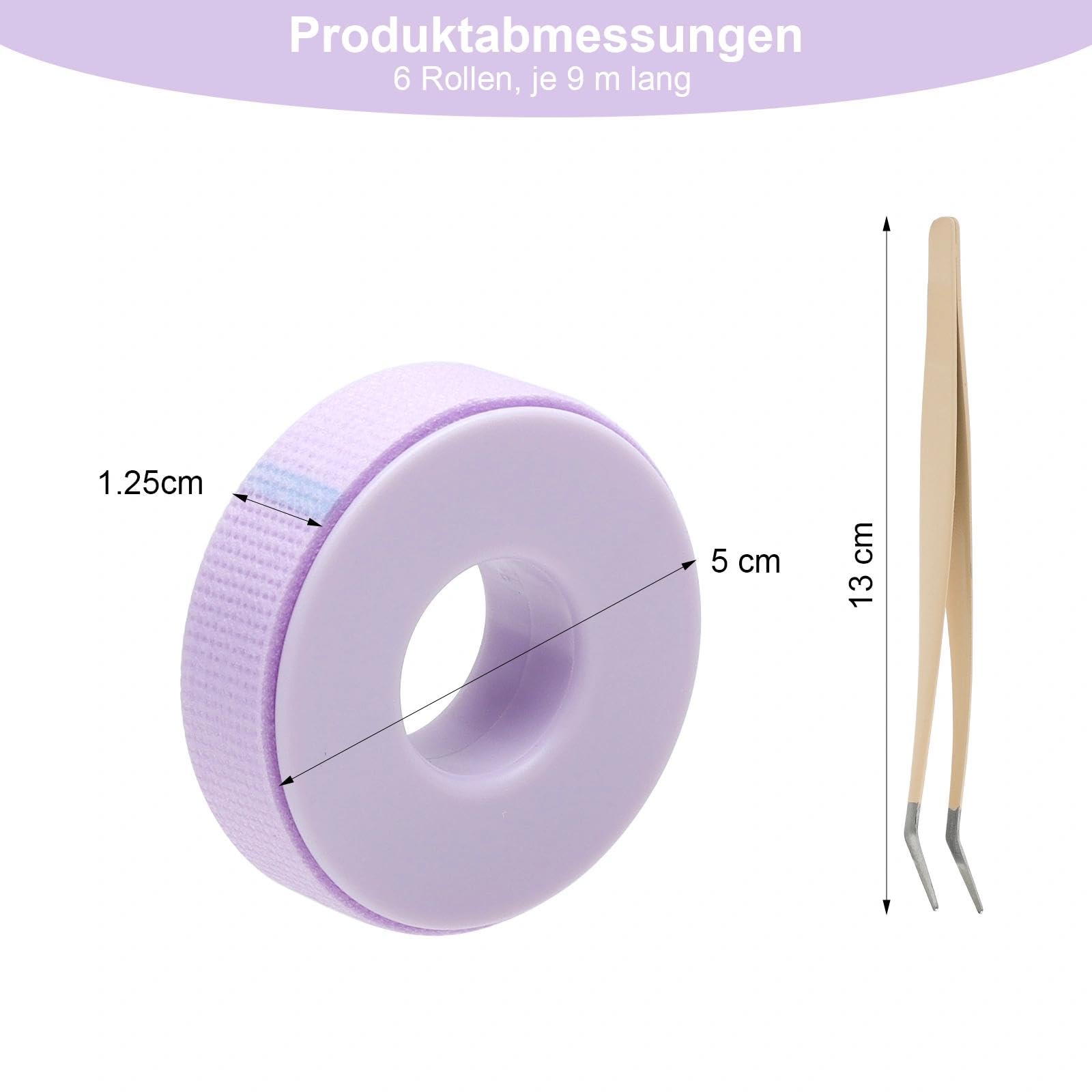 VOSSOT 6 Rollos Cinta Extensión de Pestañas Para Extensiones Lash Tape Adhesiva Cinta Micropore para Pestañas Transpirable Impermeable de Gel Color Morado Incluye Pinzas 1.25cm*9m