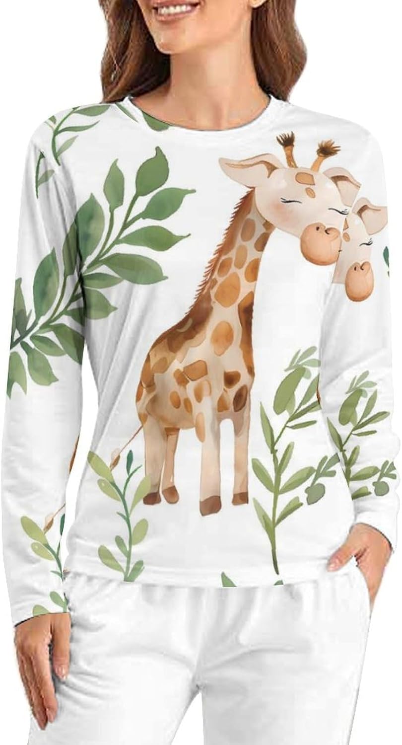 Giraffe Watercolor Women's Pajama Top Sleepwear Pajamas Sleep T-Shirt Long Sleeve Shirt Crewneck Tee