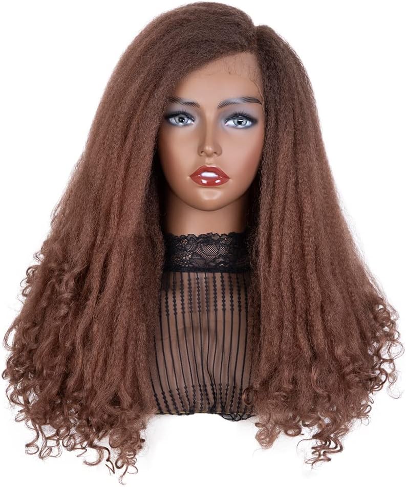 FASHION IDOL Lace Front Wigs for Black Women Afro kinky Straight Wigs Brown Ombre Synthetic Wigs with Curly Ends