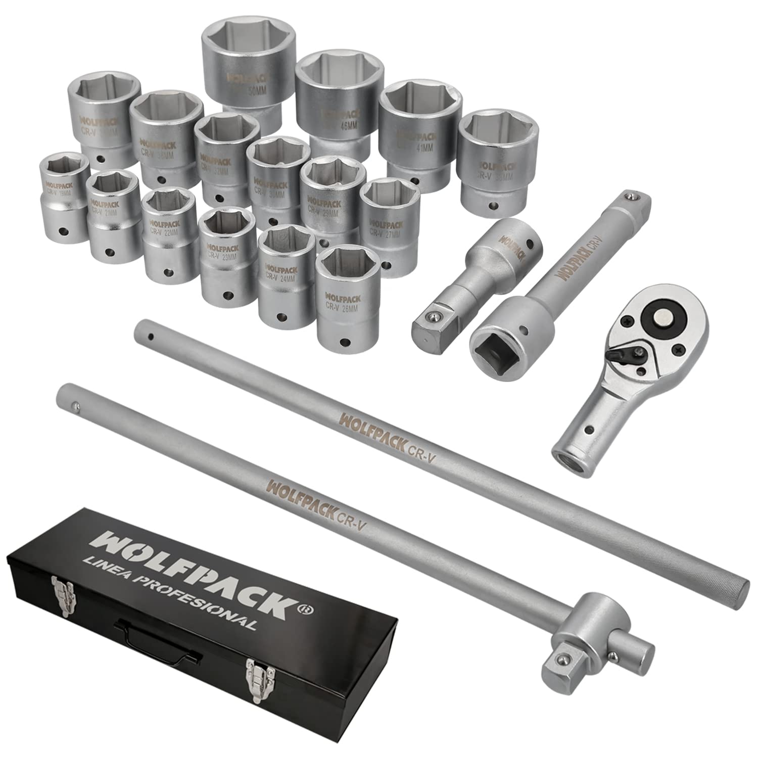 WOLFPACK LINEA PROFESIONAL Juego Llaves De Vaso de Acero Cromo Vanadio con 21 Piezas 3/​4" Plus Con Maletin.