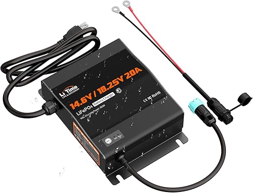 LiTime Cargador de batería LiFePO4 de montaje de 12 V (14.6 V) y 16 V (18.25 V) 20 A, impermeable IP65, cargador rápido de CA a CC con voltaje