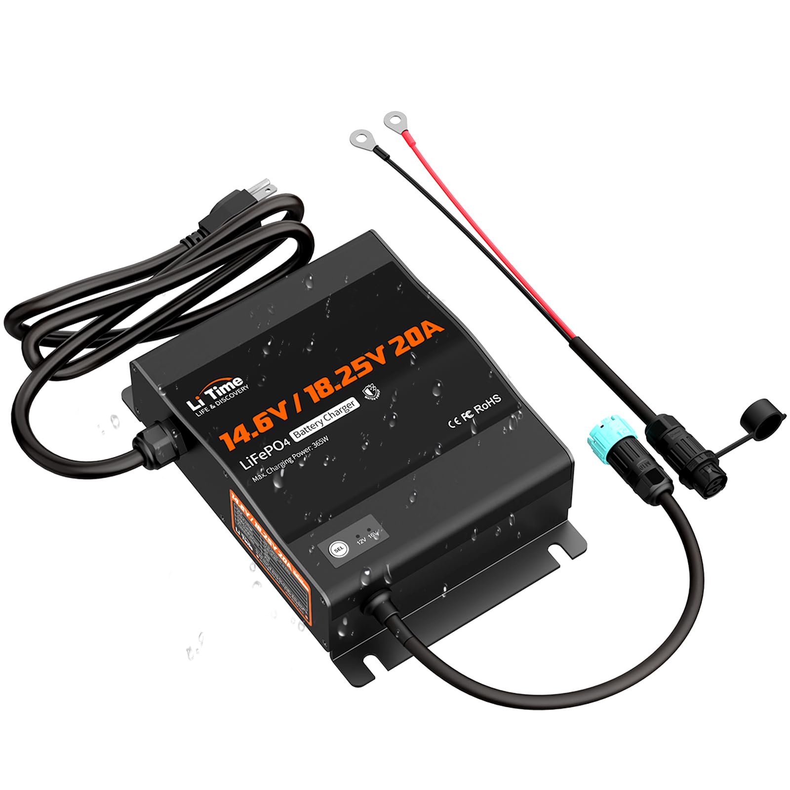 LiTime 12V/16V 20A LiFePO4 Battery Charger, IP65 Waterproof, AC-DC Charge