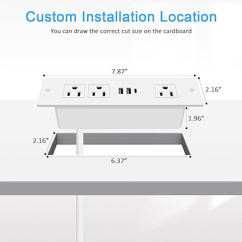 Miniatura 6 de Regleta de alimentación empotrada, salida de cajón para muebles con 20 W PD USB-C y 18 W QC3.0 USB-A, enchufe 3 salidas y puertos USB, cable de