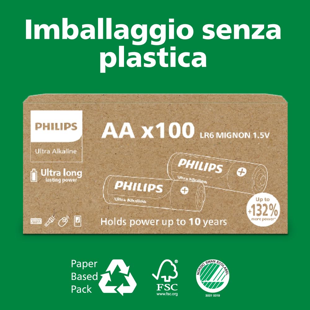 Philips Ultra D Alkaline Batterie, LR20, Alta capacità per torce elettriche e dispositivi grandi, Confezione da 20