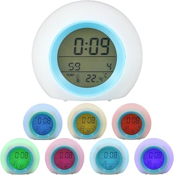 Kids Alarm Clock, Digital Clock with 7 Color Night Light, LED Alarm Clocks for Boys Girls, Battery Operated with Indoor Temperature, Wake Up Digital Clock for Bedside Bedroom Desk