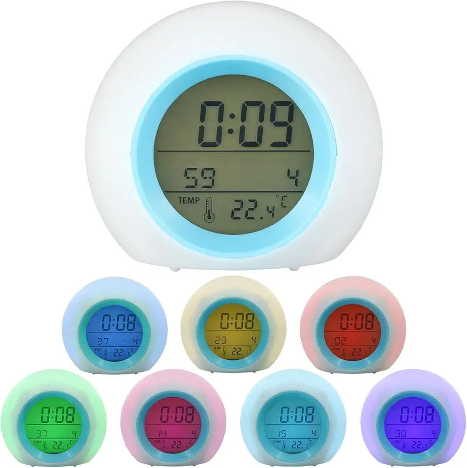 Despertador infantil, relógio digital com luz noturna de 7 cores, despertadores de LED para meninos e meninas, operado por bateria com temperatura interna, relógio digital de despertar para