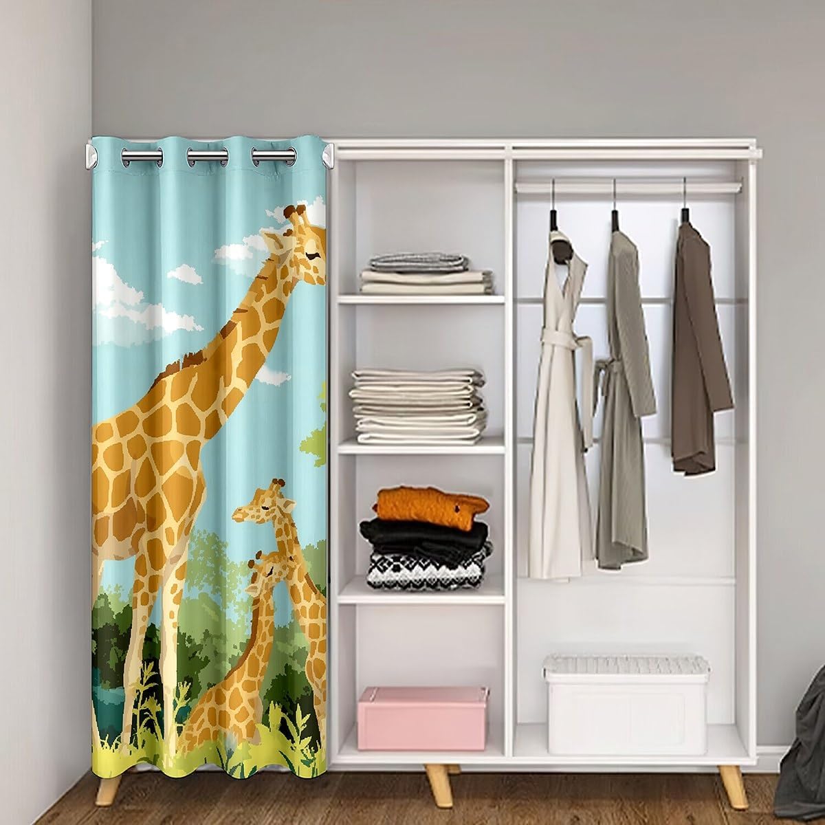 Cartoon Giraffe Door Curtain Cute Tropical Wild Animal Blackout Doorway Curtain Blue Sky Jungle Trees Closet Curtain Tallest Neck Animal Drape for Bedroom Privacy 1 Panel 52" W X 80" L