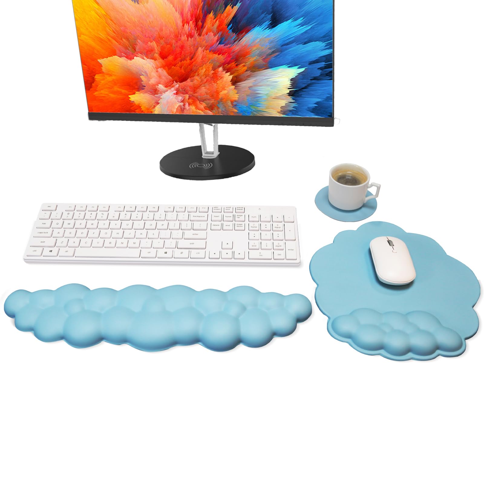 Cloud Mouse Pad Keyboard Wrist Rest Set with Coaster,PU Density Memory Foam Filling with Anti-Skid Base,Ergonomic Mouse Pad Wrist Rest for Mac, Computer, Laptop, Gaming, Home Office (Blue)