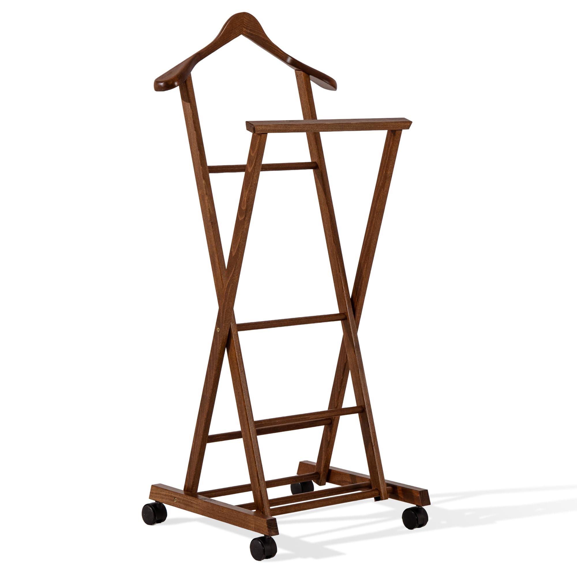 konsimo klappbarer Herrendiener - Kleiderständer aus Massivholz, für Jacken, Hosen, Gürtel und Krawatten, ideal für Schlafzimmer und Ankleideraum (Braun, Rollständer 44,5x103x40