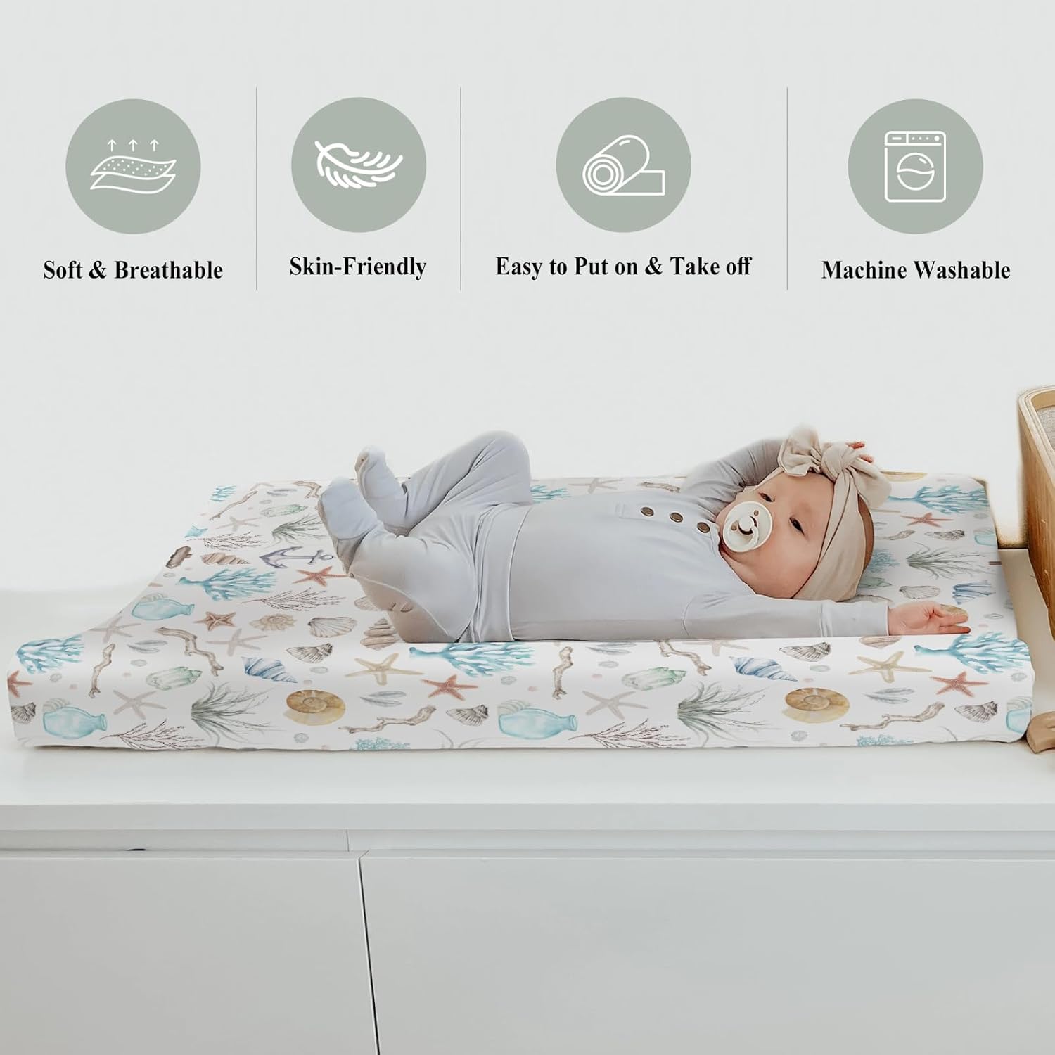 Ocean Boho Summer Changing Pad Covers for Baby Girl Boy Seashells Conch Starfish Corals Anchors Fitted Change Table Covers Mats Nautical Soft Diaper Changing Pad Sheets for 32''×16'' Contoured Pad