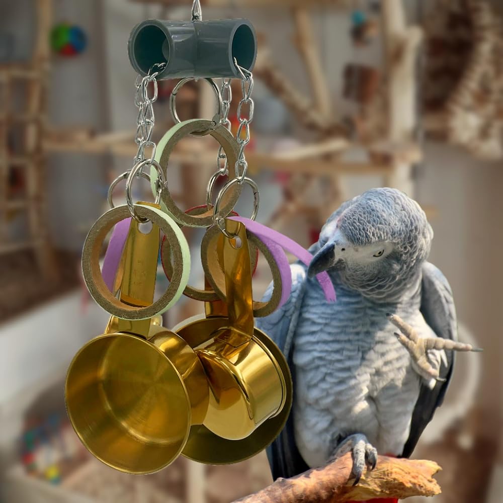 Parrot Toys for Medium & Large Birds - Stainless Steel Golden Chew Cups, Foraging Cardboard Bagel - Cockatoo, African Grey, Amazon, Mini Macaw, Eclectus - Durable Bird Enrichment Toys - image 6