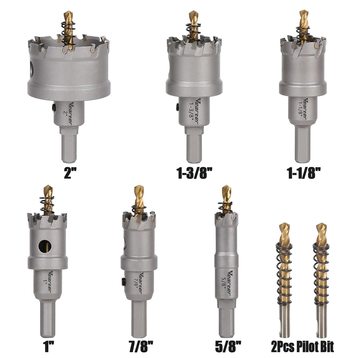 8PCS Carbide Hole Saw Kit, 5/8'' to 2'' Metal Hole Cutter with Pilot Drill, Holesaw for Hard Metal, Stainless Steel, Iron, Mild Steel, Aluminium, Alloy, Plastic, Fiberglass