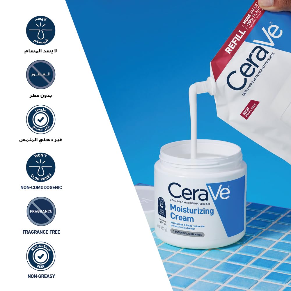 CeraVe Moisturising Cream Refill – Value Refill Pouch of Rich Face & Body Cream with 3 Ceramides & Hyaluronic Acid, 24-Hour Hydration for Dry Skin, Less Packaging, Fragrance-Free
