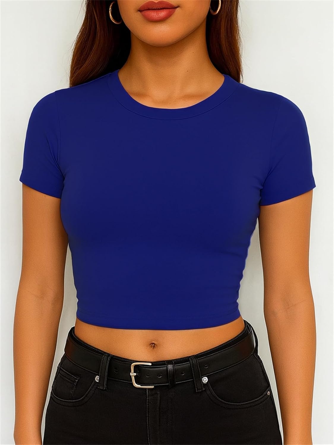 ForeFair Women's Casual Going Out Crop Tops Crew Neck Slim Fit Short Sleeve Basic Tight T Shirts - Image 5