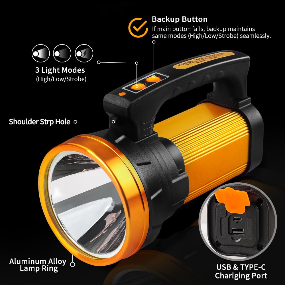 Lampe de poche rechargeable 1000000 lumens 13600 mAh, 80 h, lampe de poche la plus lumineuse IP67, étanche, 6 modes, lampes de poche pour la maison d'urgence